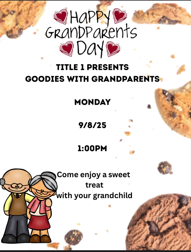 Title 1 Goodies With Grandparents flyer. Clip art of cute elderly cartoon couple and cookies in the background. 