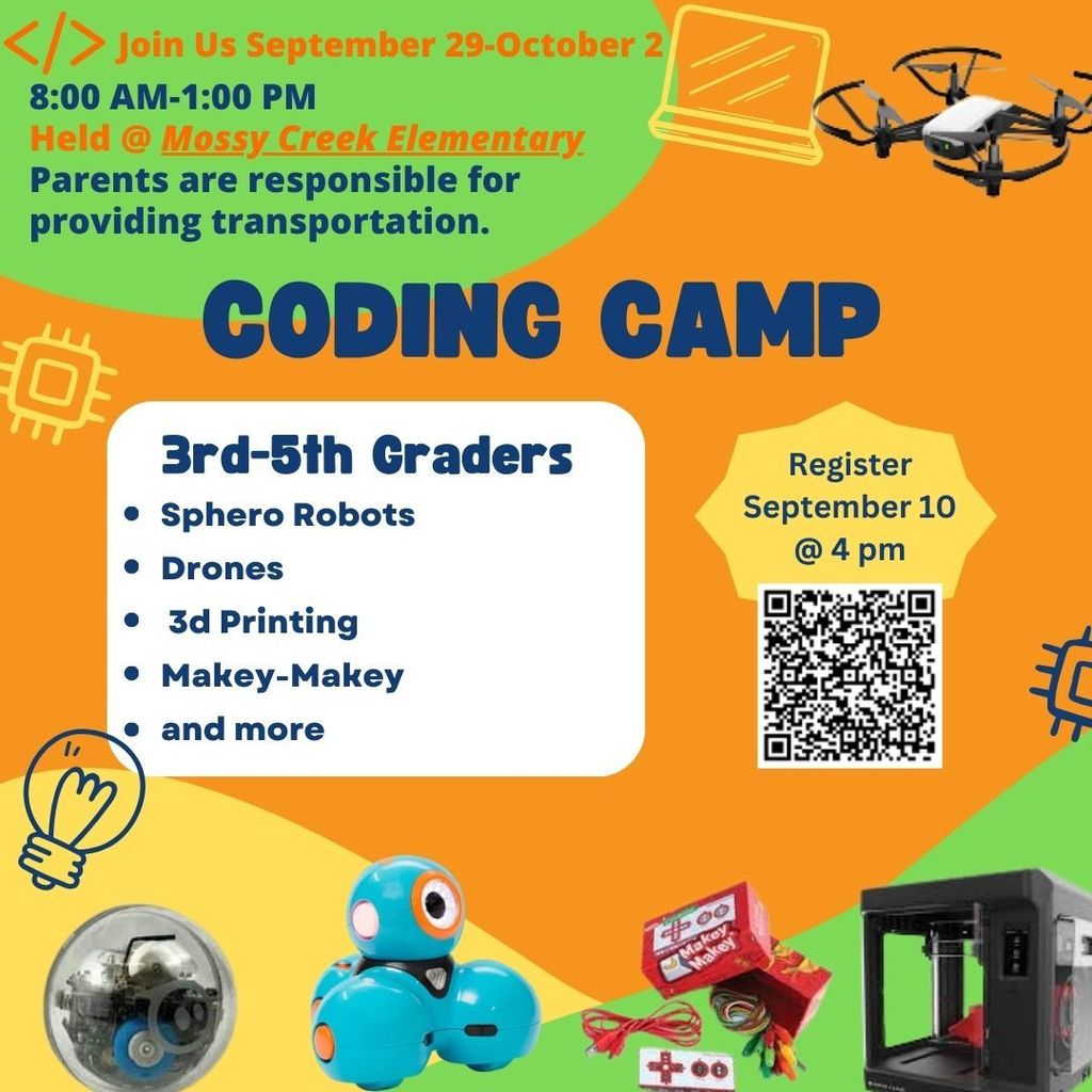 Coding Camp for 3rd-5th Graders at mossy Creek Elementary Graphic.