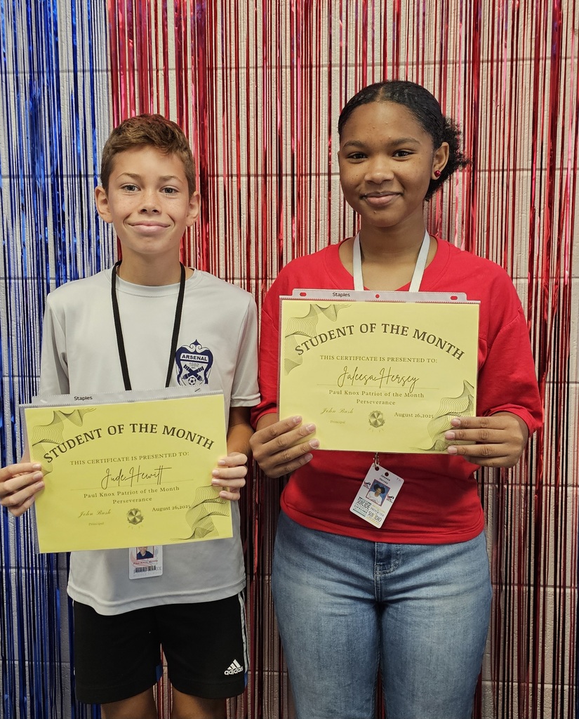 Perseverance was the good character focus in August. The following seventh grade students, Jaleesa Hersey and Jude Hewitt were selected for Students of the Month. Congratulations!