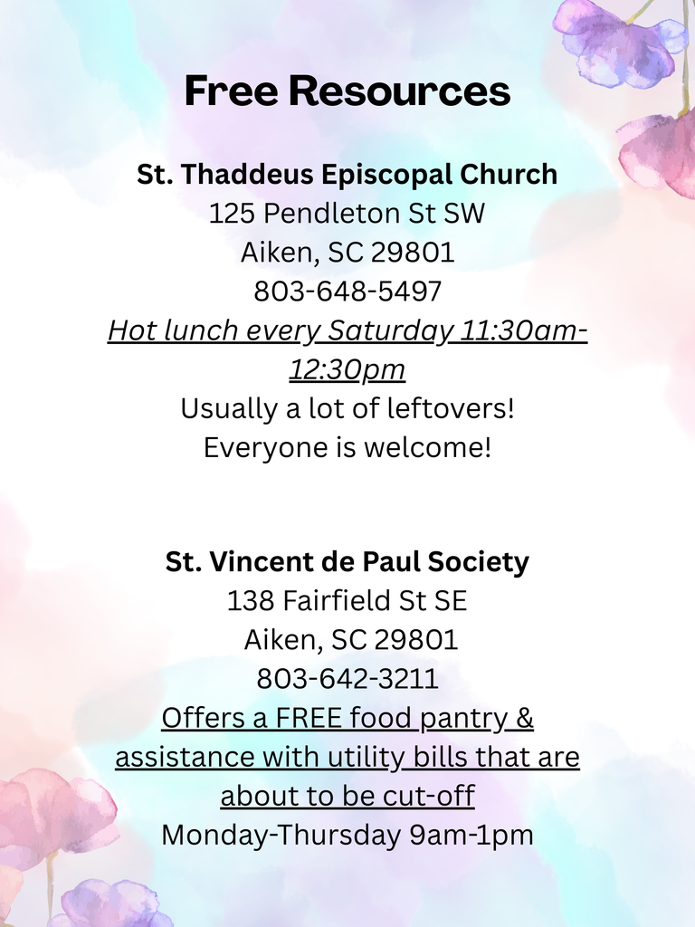 A flyer provides information about free resources available to families.