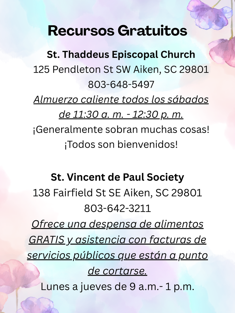 A flyer provides information in Spanish about free resources available to families.