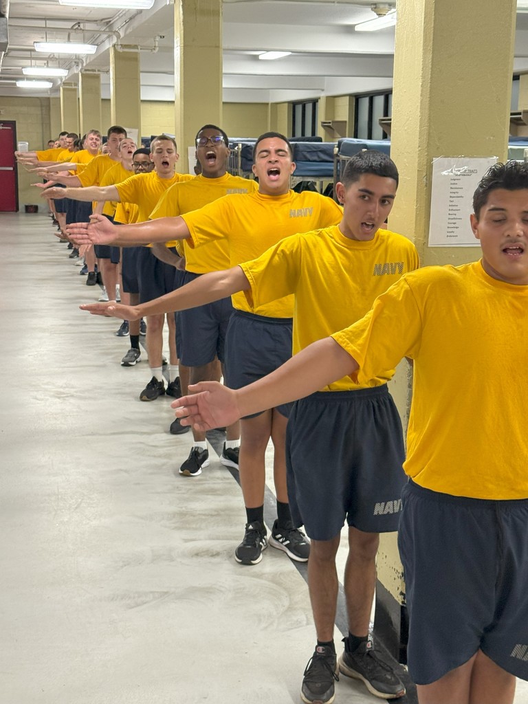 Military Recruits doing arm lifts in formation.