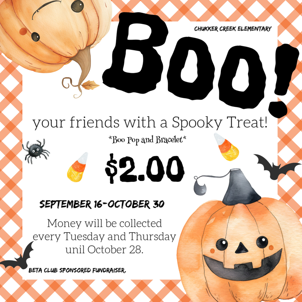 BETA Club fundraiser for treats with 2 pumpkins, 2 bats, 2 candy corn, and a spider