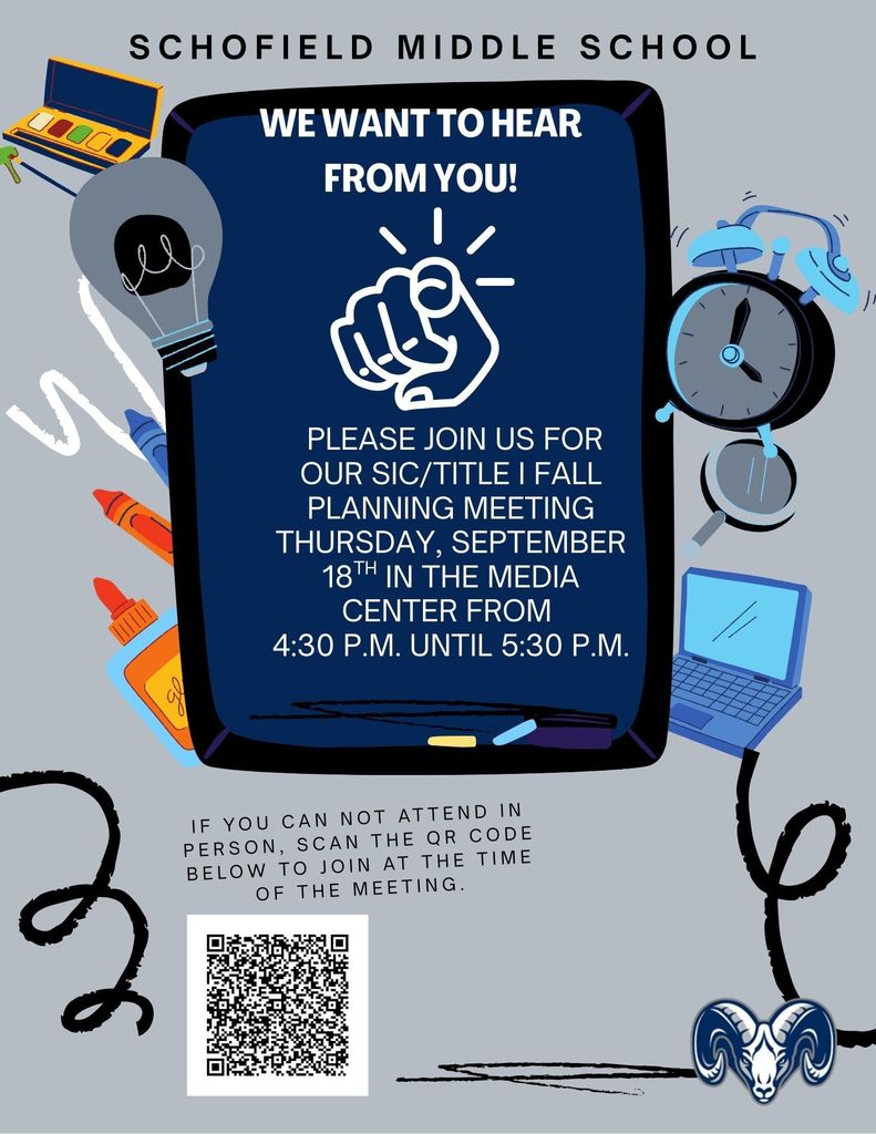 Flyer with  pictures of a clock, light bulb, laptop, and crayons