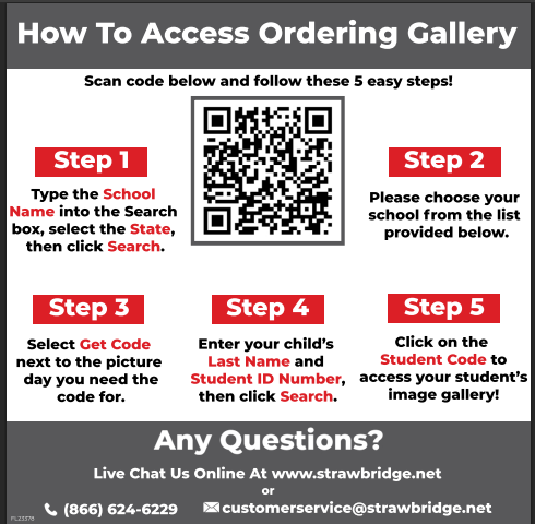 Flyer for Strawbridge ordering gallery.  Use the QR code for steps to order pictures.