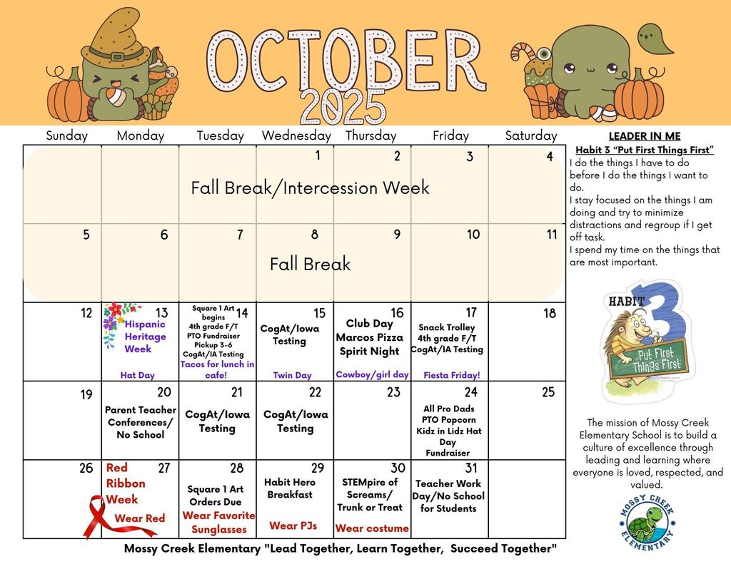 october school calendar 