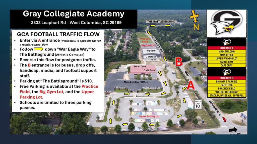 Overhead road Flyer of how to enter and park at Gray Collegiate Academy for Football Game. 