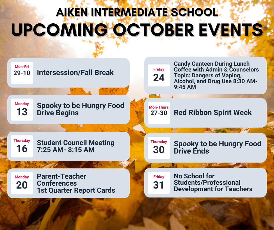 Upcoming October Events Calendar (The events are listed in the current events section.)