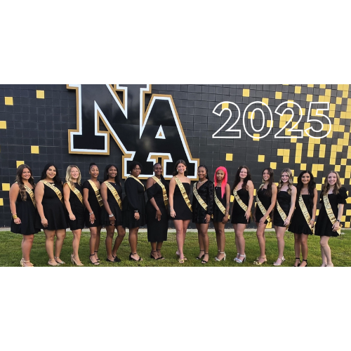 Girls in black dresses with gold sashes.