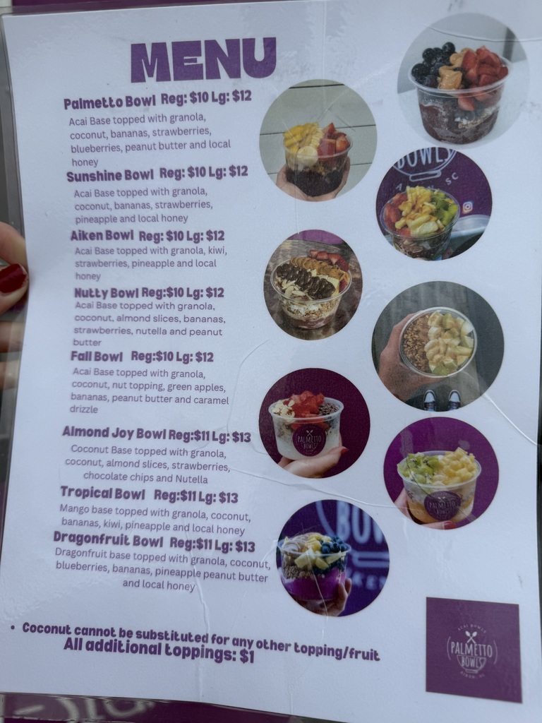 Palmetto Bowls Menu.