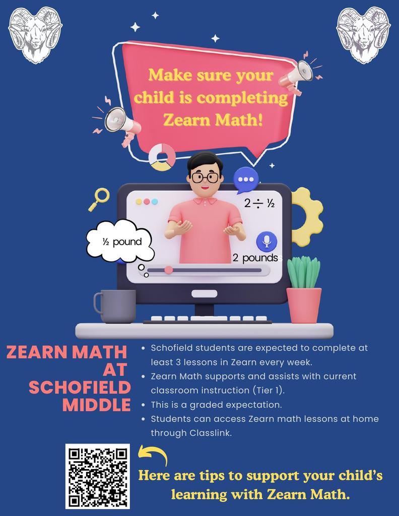 Flyer with a blue background containing pictures of a male student and math equations.