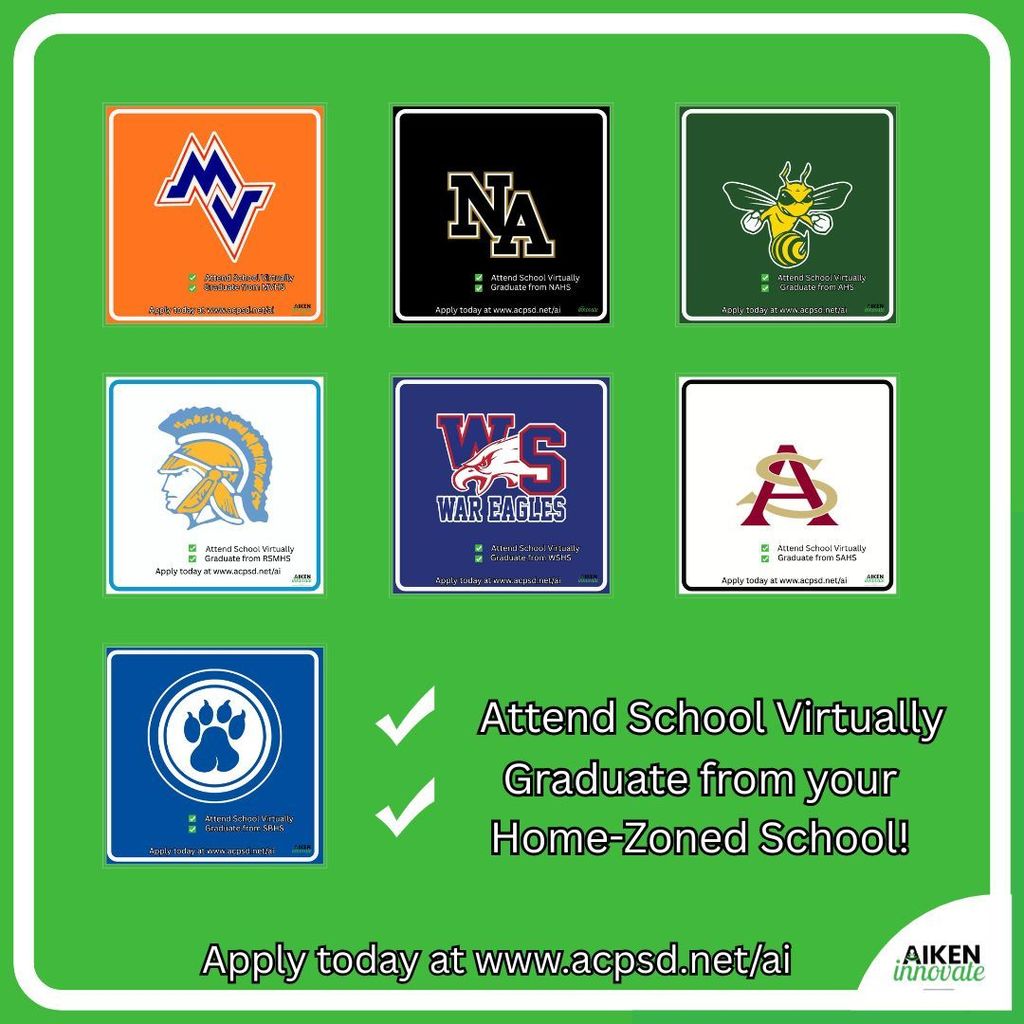 School logos for ACPSD schools indicating all students can participate in school virtually and graduate from their home schools.  