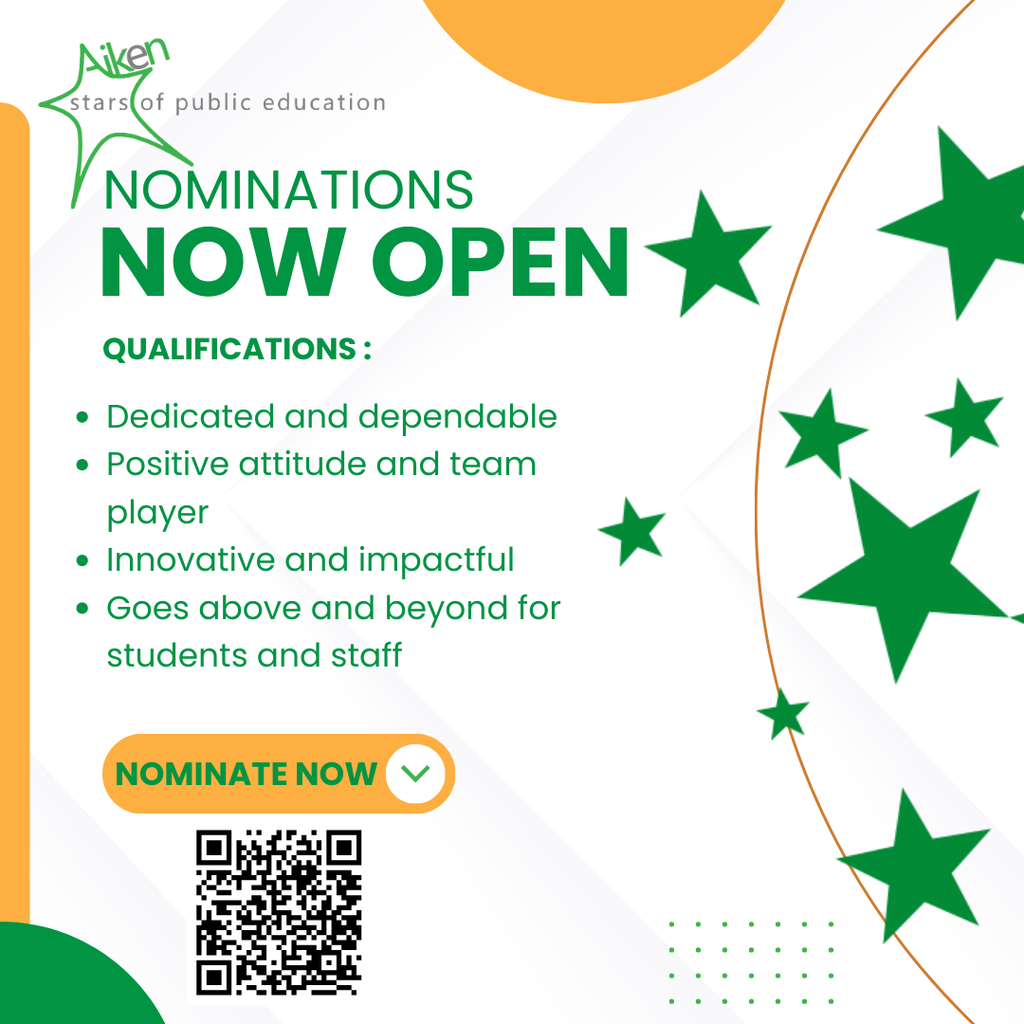 Stars of Public Education. Nominations now open. Qualifications. Dedicated and dependable. Positive attitude and team player. Innovative and impactful. Goes above and beyond for students and staff. nominate now. QR code.