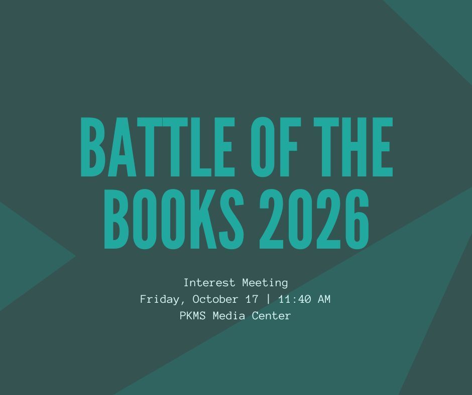 Like reading books & participating in quiz-bowl-style competitions? Come to the Battle of the Books interest meeting this Friday, Oct. 17, at 11:40 am in the media center. Are you in 8th grade and have lunch then? Go to lunch with the 6th or 7th graders and come to the interest meeting!