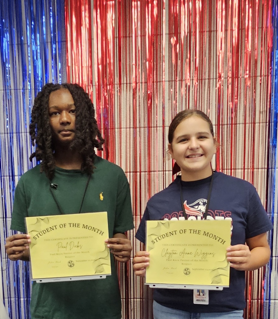 Congratulations to Clayton Anne Wiggins and Paul Dicks the students of the month for eighth grade. We commend these students for their excellent demonstration of respect.