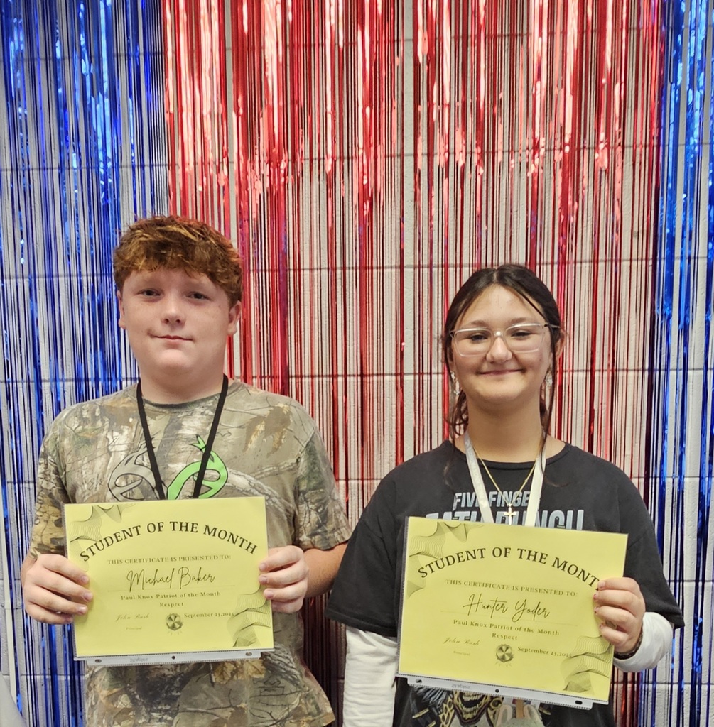 Congratulations to the seventh-grade students of the month Hunter Yoder and Michael Baker. They are being recognized for the character trait of the month respect. Hunter and Michael treated others with consideration and followed the 'Golden Rule' - treating people how you would want to be treated.