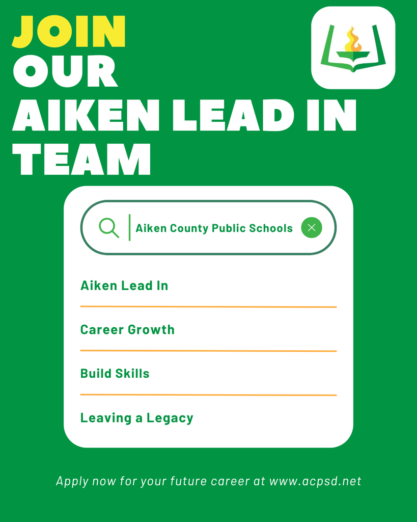 Join our Aiken Lead In Team. Aiken County Public Schools. Aiken Lead In. Career Growth. Build Skills. Leaving a Legacy Apply now for your future career at acpsd.net.