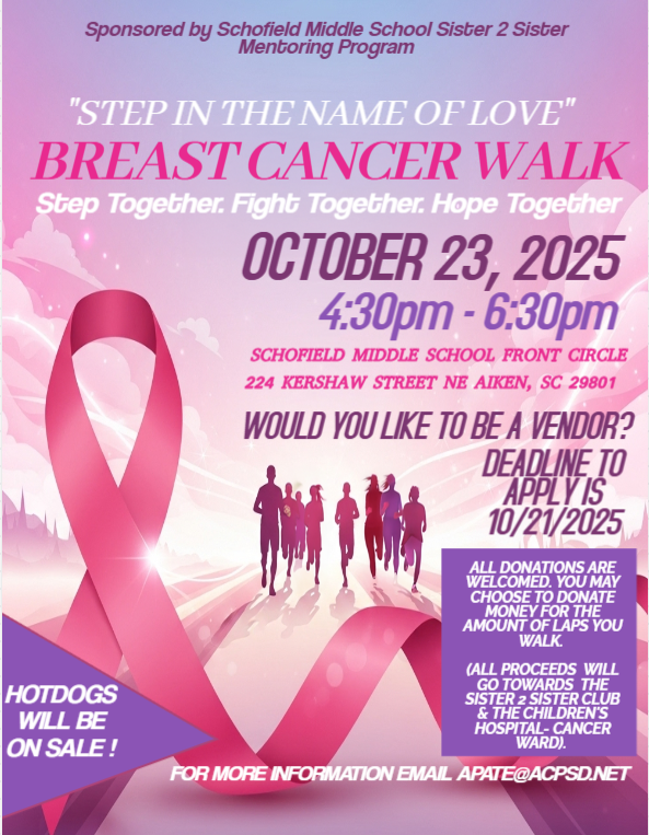 Flyer with a pink ribbon and a picture of a group running