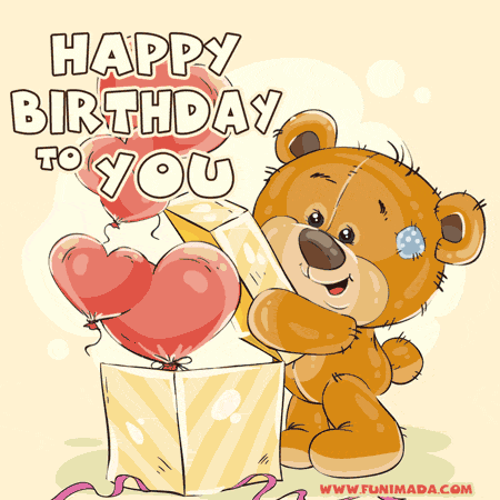 Happy birthday to you GIF with bear and box of balloon hearts.