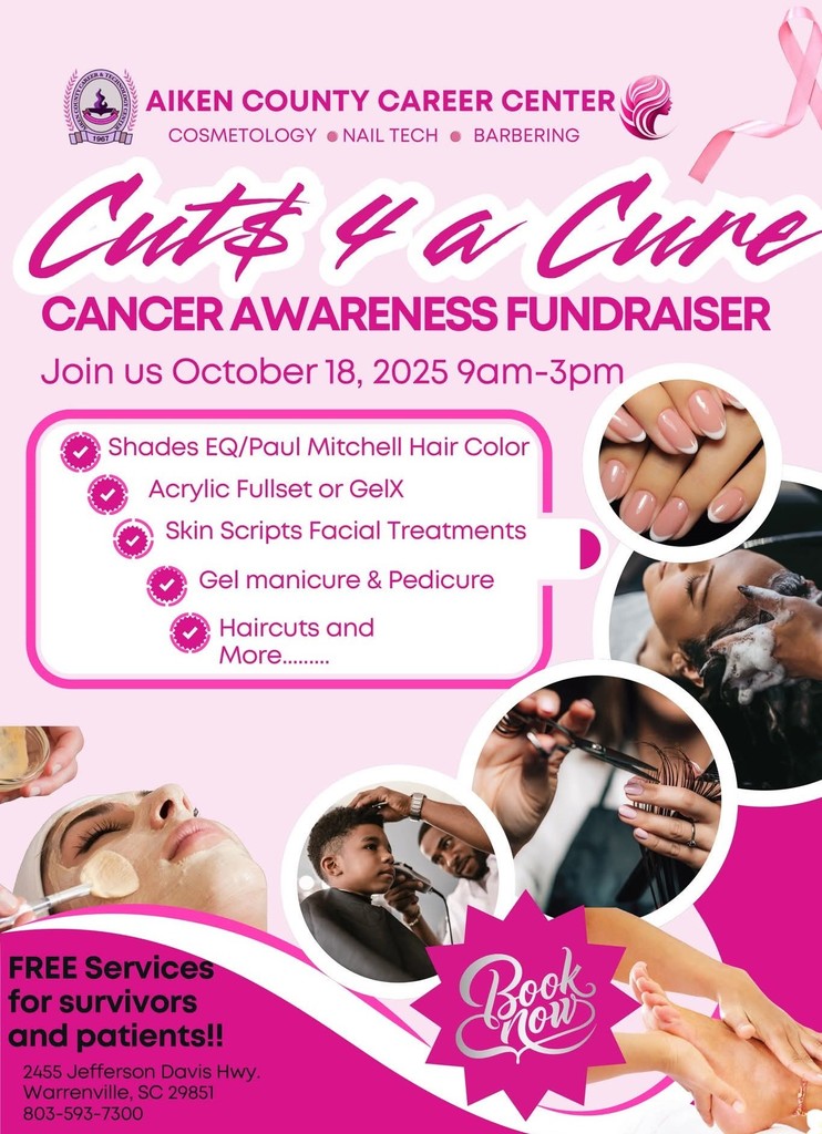 Cut$ 4 A Cure will be held on October 18th, 2025, from 9am to 3pm at the ACCTC Salon! Help us raise funds and awareness for cancer awareness! Free services for cancer survivors and patients will be provided. 2455 Jefferson Davis Highway, Warrenville, sC 29851. Phone 803 593 730.