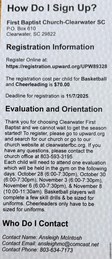 A flyer provides information for where to sign up for basketball and cheerleading.