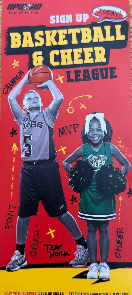 A flyer with a red background contains a picture of a girl cheerleader and a boy playing basketball.