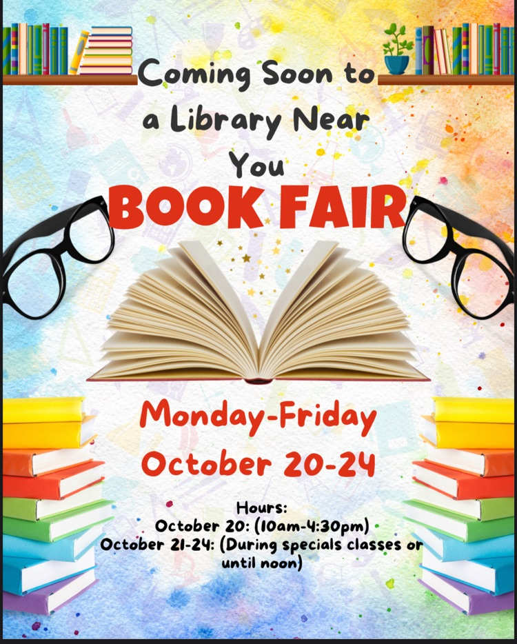 book fair flyer with an open book and 2 pairs of reading glasses 