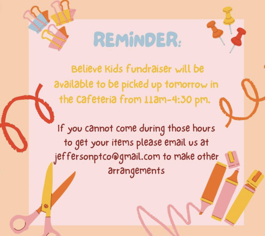 A peach colored reminder flyer gives the time and location for picking up fundraiser items.