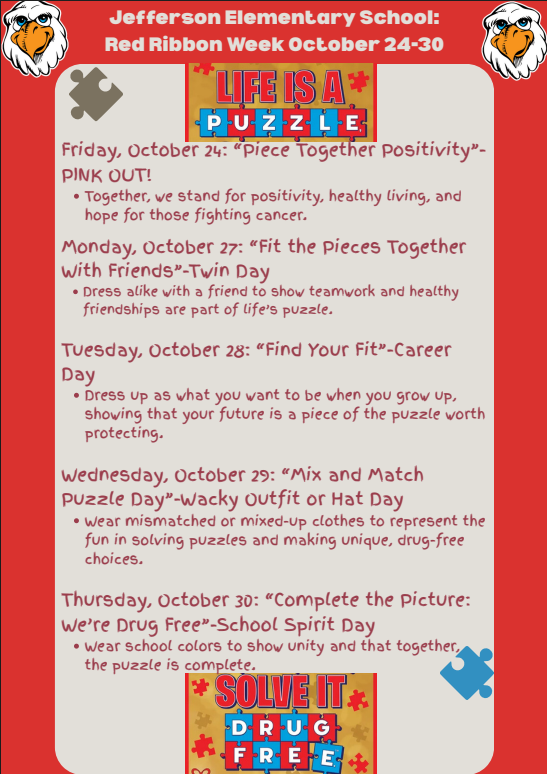 A flyer with a red border contains information about Red Ribbon Week activities.
