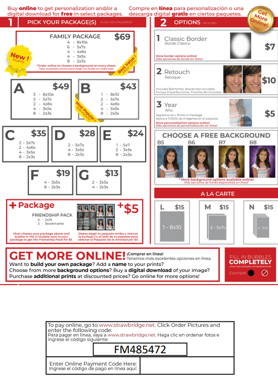 A form with prices for ordering school pictures.