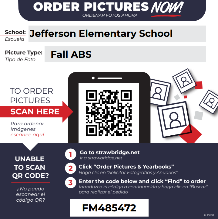 A form for ordering school pictures contains a QR code and a website for ordering pictures.