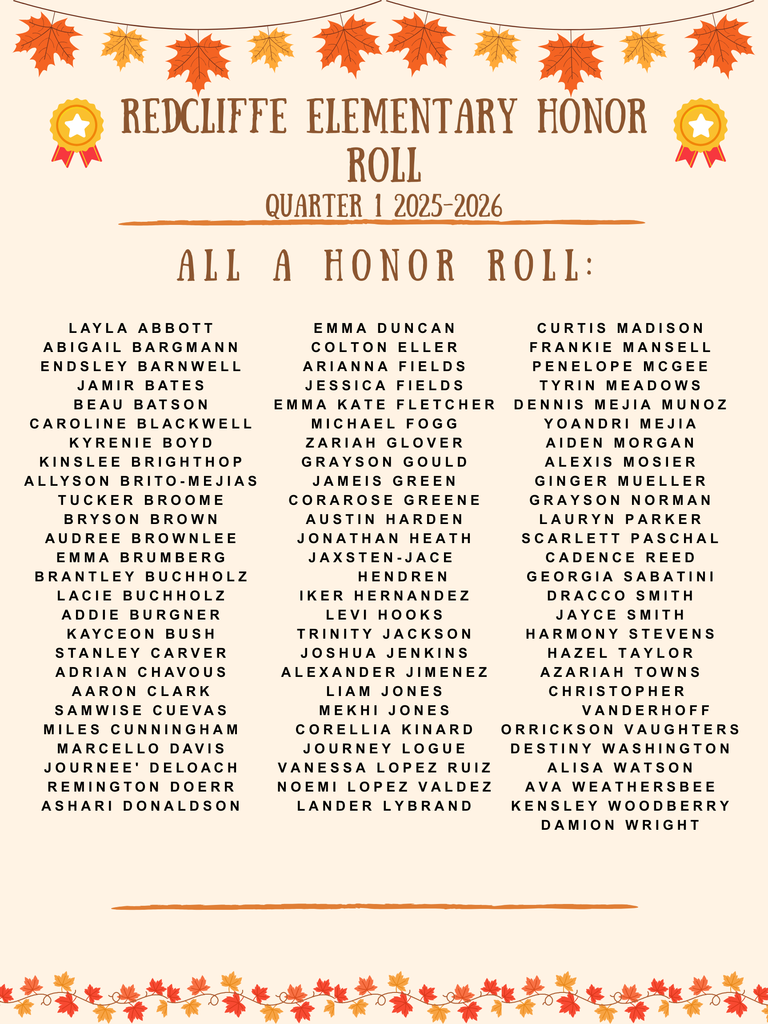 Redcliffe Elementary Honor Roll Quarter 1 2025-2026, All A Honor Roll: Layla Abbott Abigail Bargmann Endsley Barnwell Jamir Bates Beau Batson Caroline Blackwell Kyrenie Boyd Kinslee Brighthop Allyson Brito-Mejias Tucker Broome Bryson Brown Audree Brownlee Emma Brumberg Brantley Buchholz Lacie Buchholz Addie Burgner Kayceon Bush Stanley Carver Adrian Chavous Aaron Clark Samwise Cuevas Miles Cunningham Marcello Davis Journee' Deloach Remington Doerr Ashari Donaldson Emma Duncan Colton Eller Arianna Fields Jessica Fields Emma Kate Fletcher Michael Fogg Zariah Glover Grayson Gould Jameis Green CoraRose Greene Austin Harden Jonathan Heath Jaxsten-Jace Hendren Iker Hernandez Levi Hooks Trinity Jackson Joshua Jenkins Alexander Jimenez Liam Jones Mekhi Jones Corellia Kinard Journey Logue Vanessa Lopez Ruiz Noemi Lopez Valdez Lander Lybrand Curtis Madison Frankie Mansell Penelope McGee Tyrin Meadows Dennis Mejia Munoz Yoandri Mejia Aiden Morgan Alexis Mosier Ginger Mueller Grayson Norman Lauryn Parker Scarlett Paschal Cadence Reed Georgia Sabatini Dracco Smith Jayce Smith Harmony Stevens Hazel Taylor Azariah Towns Christopher Vanderhoff Orrickson Vaughters Destiny Washington Alisa Watson Ava Weathersbee Kensley Woodberry Damion Wright.
