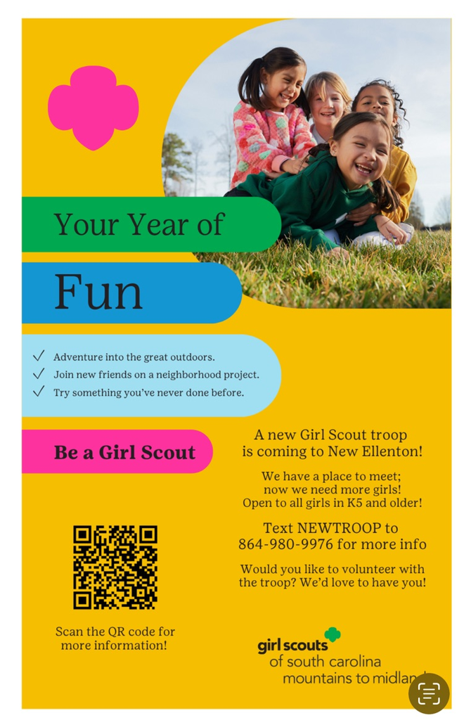 Girl Scout flyer with clipart of young children. scan the QR code for more info. 