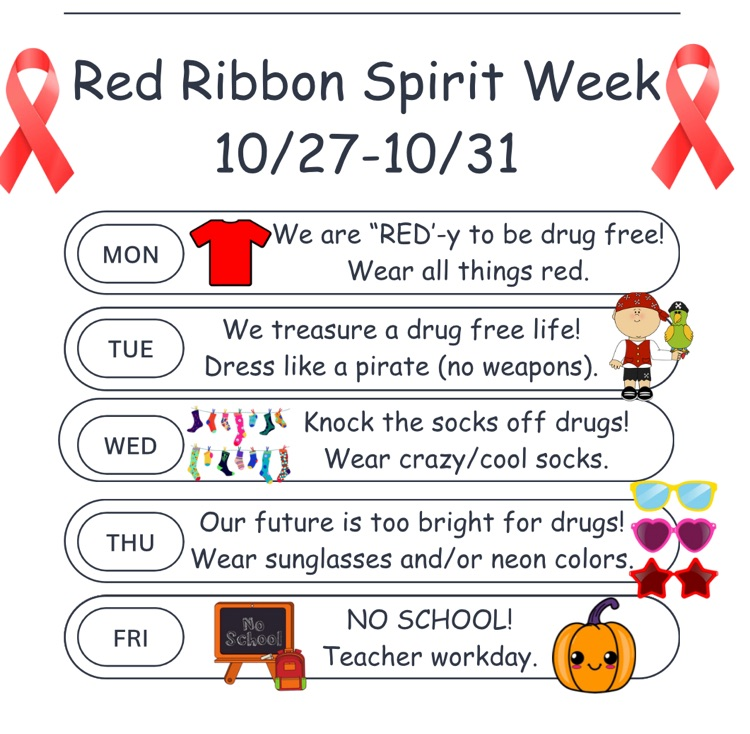 red ribbon spirit week with clip art of red ribbons, pirates, pumpkins, tshirts and a no school sign