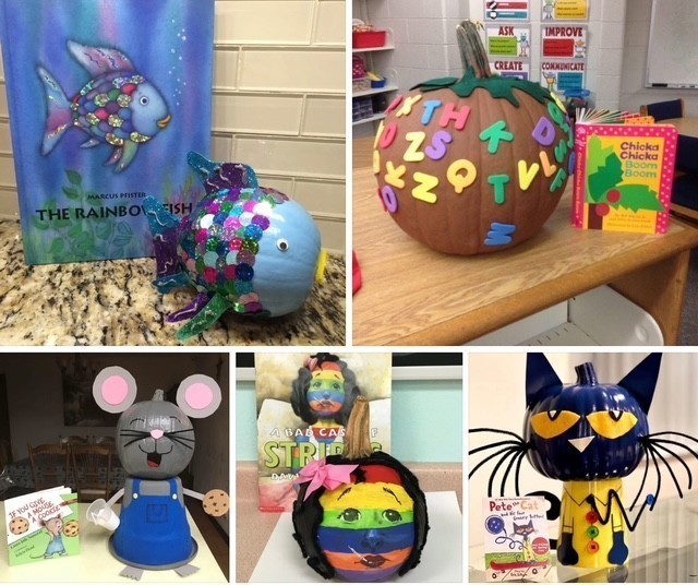 Pictures of pumpkins decorated as book characters.