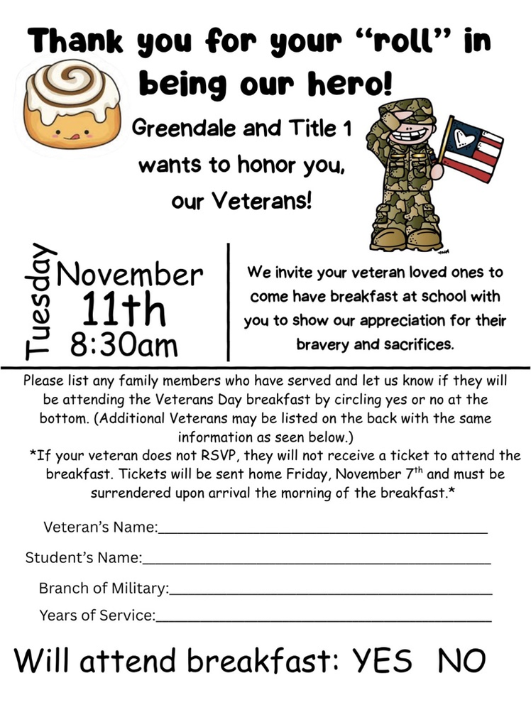 Veteran Appreciation.  Breakfast flyer with cinnamon roll and soldier clipart