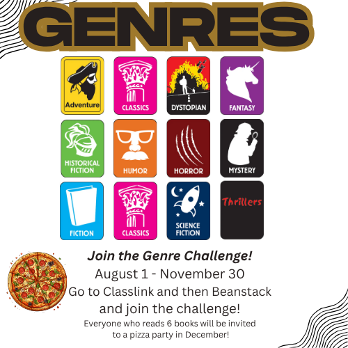 Series of Genres in Library with a side of pizza.