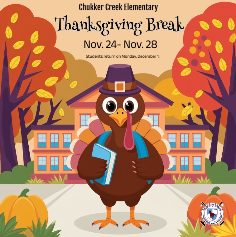 Fall leaves, pumpkins, a turkey, and school flyer for Thanksgiving Break