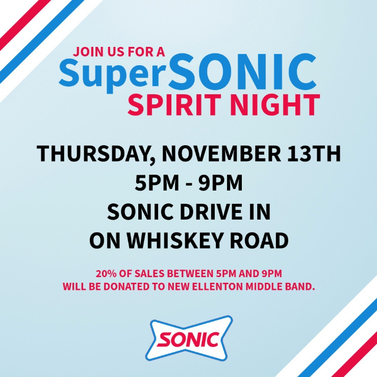 Sonic Spirit Night Thursday, November 13th 5 PM-9 PM on Whiskey Road in Aiken