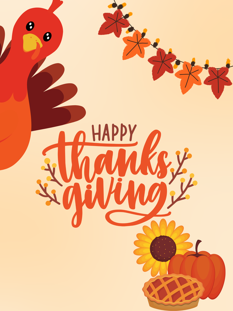 "Happy Thanksgiving" with turkey, pie, pumpkin, fall leaves, and sunflower image.