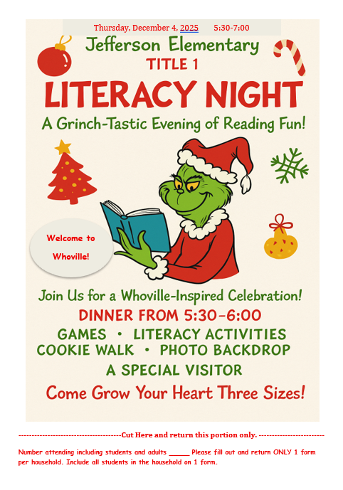 A flyer about Literacy Night includes a picture of the Grinch.