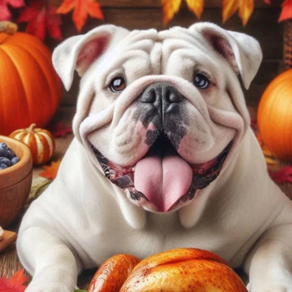Bulldog with a turkey