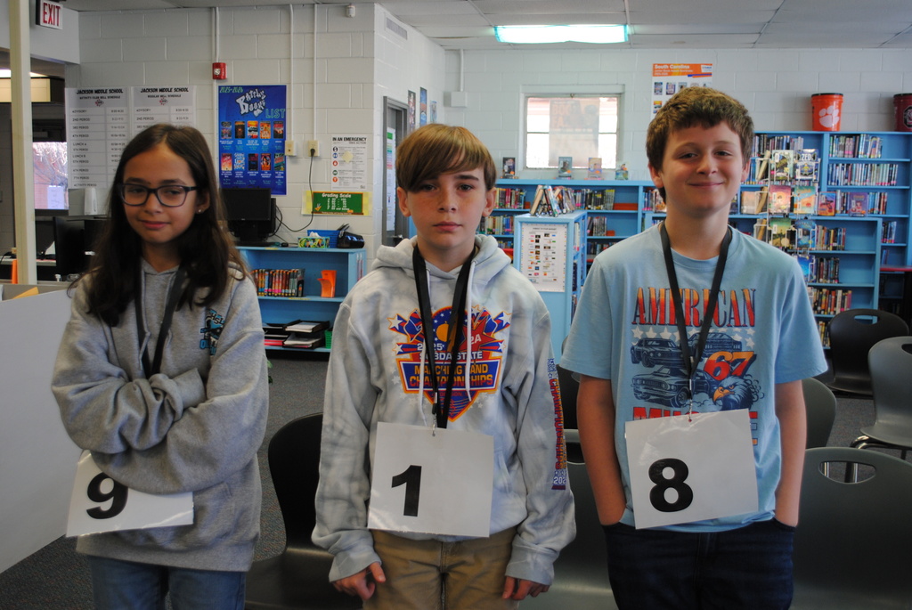 Spelling Bee winners, M. Duncan, C. Little, and L. Micots