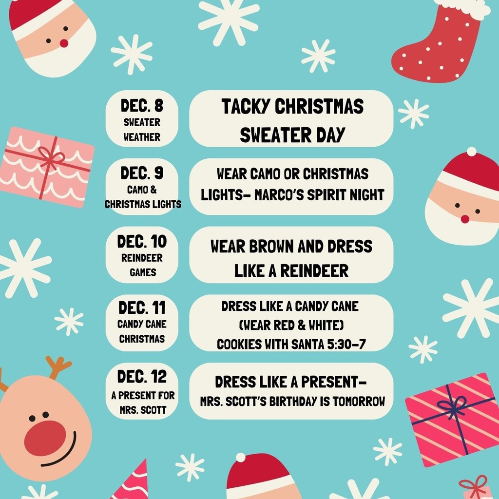 santa, reindeer, gifts and snow background with spirit days listed