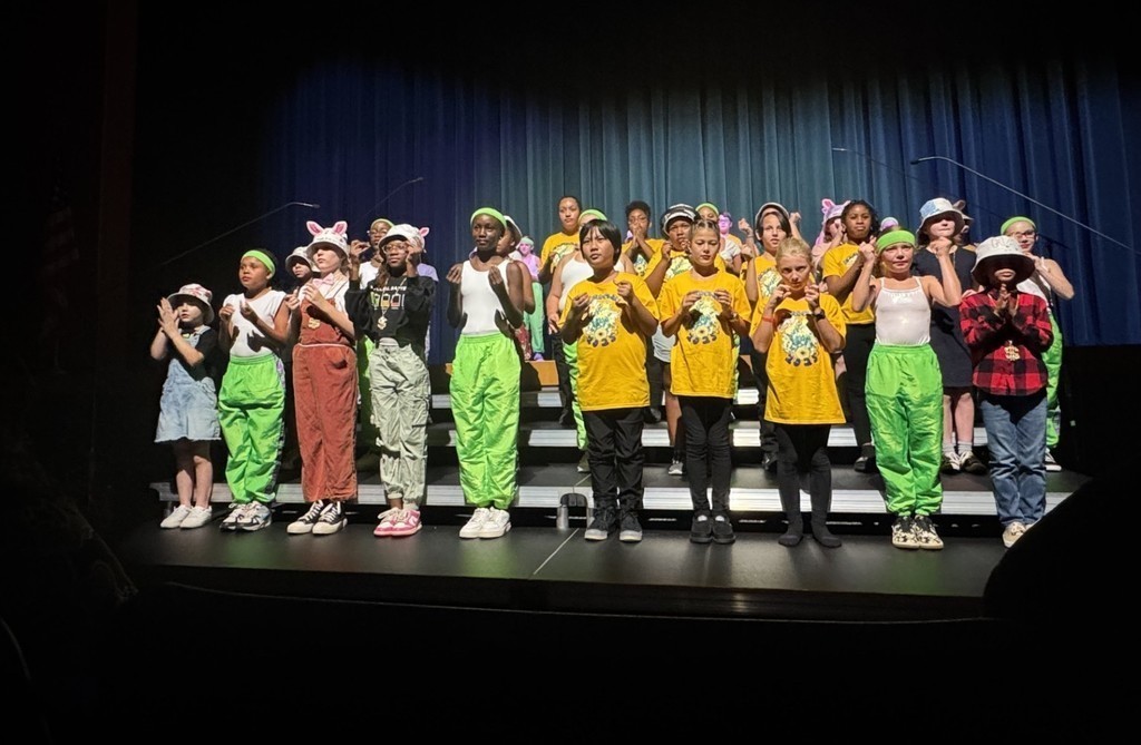 Group of students dressed as characters on a stage. 