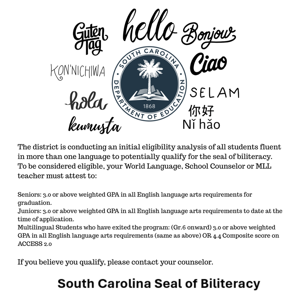 South Carolina Department of Education Seal and Hello in different languages. 