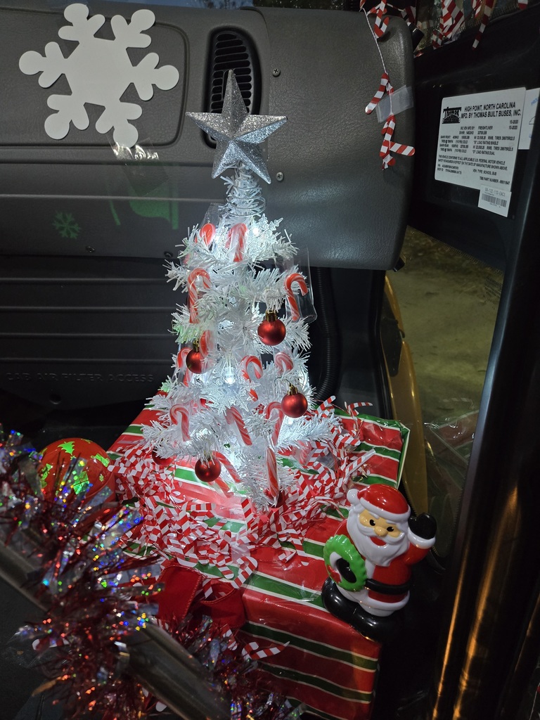 Christmas tree and decor on bus.