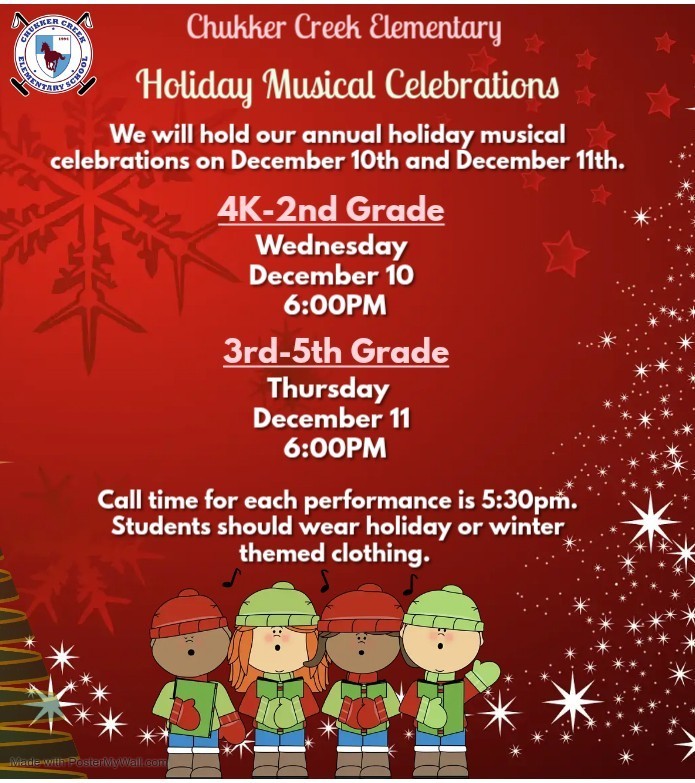 Holiday Performances with 4 kids holding books and singing with stars, snowflakes, and a tree