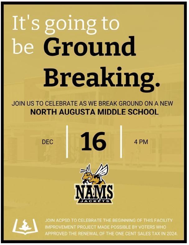 We hope to see you at Aiken County Public School District’s Groundbreaking Ceremony at North Augusta Middle School as we celebrate the start of the highly anticipated new renovations funded by the 2024 One-Cent Sales Tax. Event Details: • Date: Tuesday, December 16, 2025 • Time: 4:00 PM • Location: 725 Old Edgefield Road, North Augusta, SC