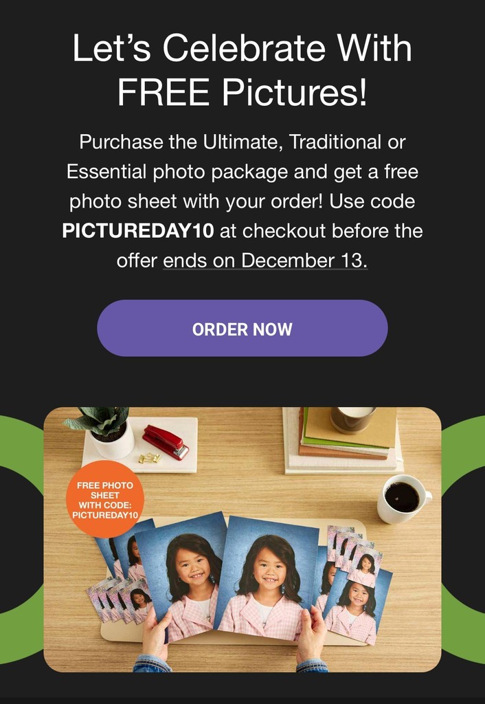 Let's Celebrate with FREE pictures! Purchase certain photo packages and get a free photo sheet with your order!